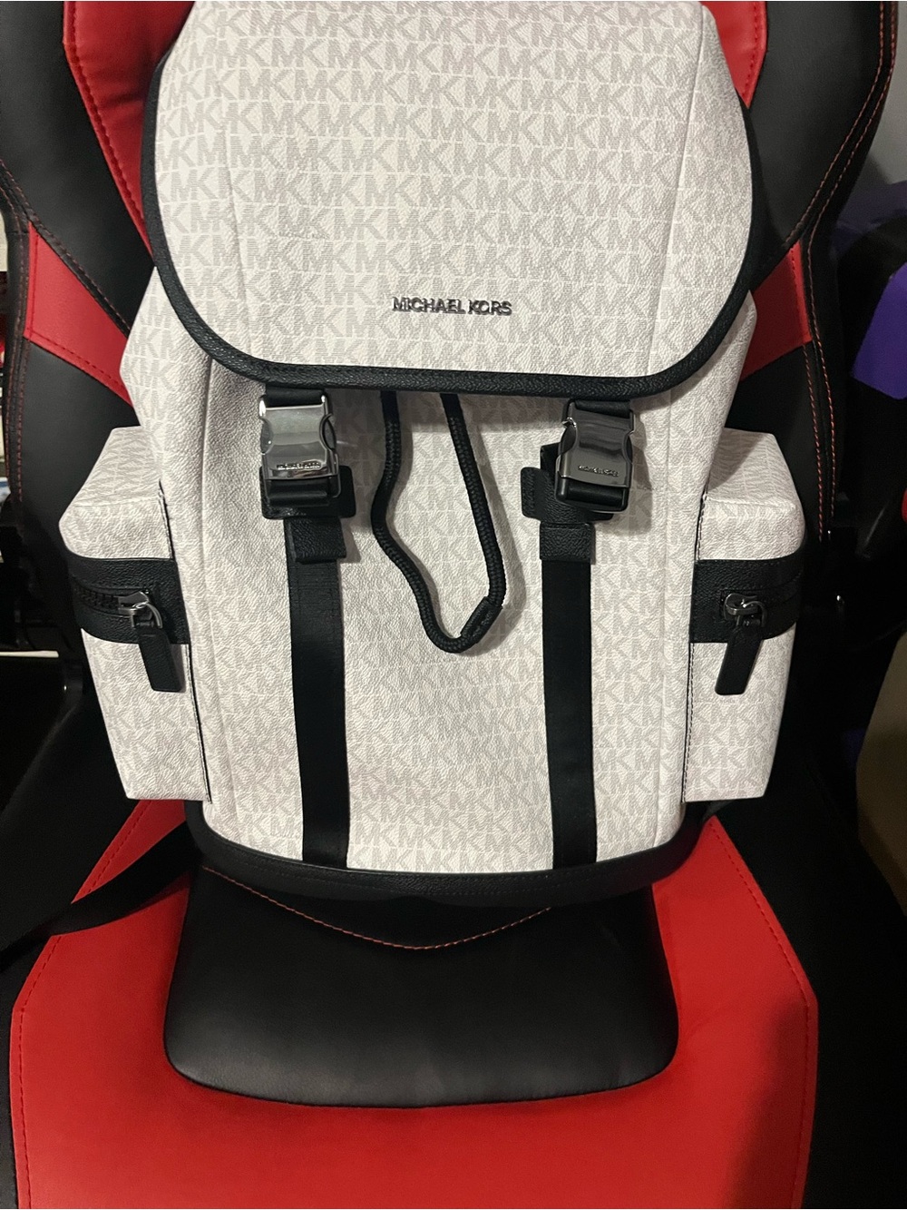Michael Kors Cooper Men Buckle Straps Side Pockets Travel Backpack Bright White